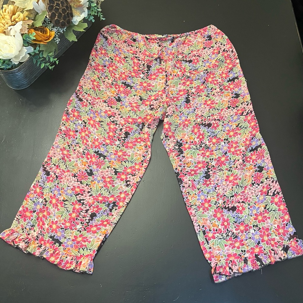 Natori Colorful Ditsy Floral Sheer Pajama Crop Pants Loungewear‎ Swim Cover Up L